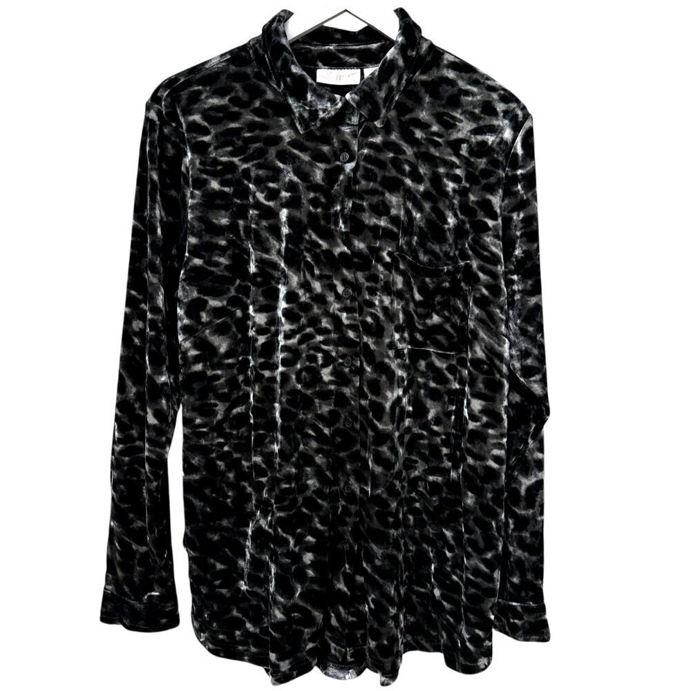 BELLE Kim Gravel Velvet Shirt Large Black Leopard Stretch Womens Button Down Top
